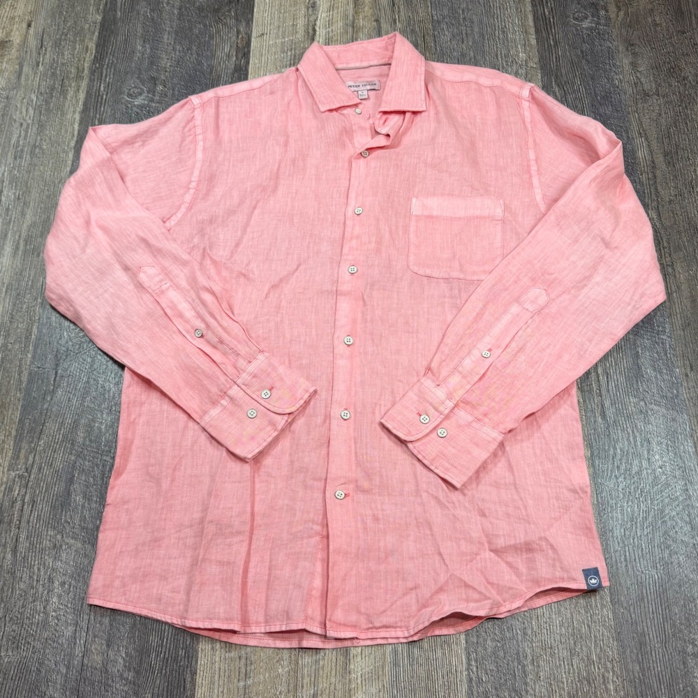 Peter Millar Linen Button Down Shirt Mens Small Pink Long Sleeve Crown Logo